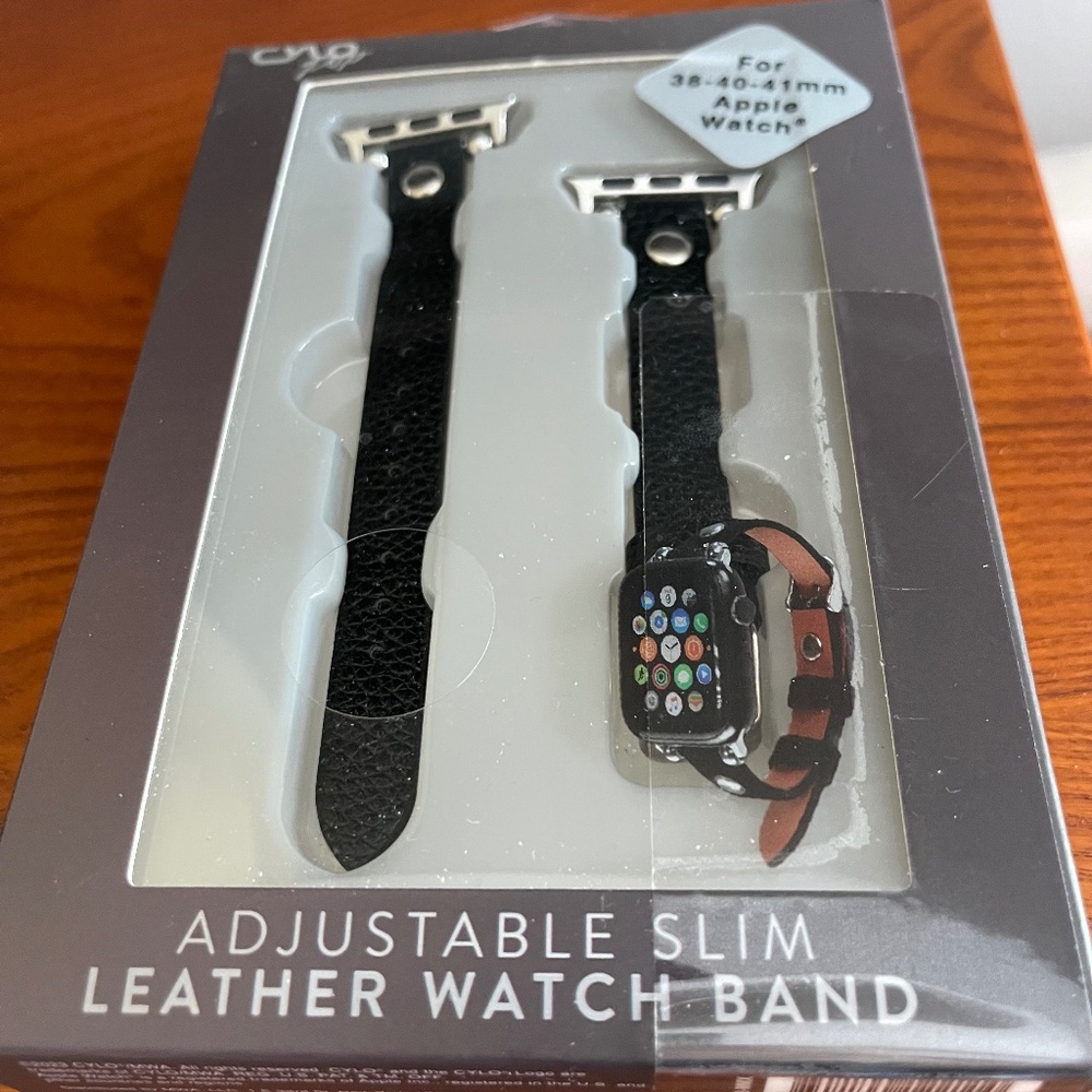 Cylopop Adjustable Slim Black Leather Watchband- For 38-40-41 Apple Watch- NWT